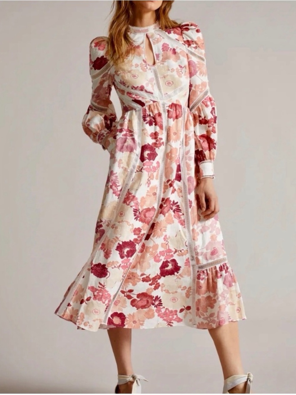 Ted Baker Pink Multi Floral Midi Dress with Keyhole